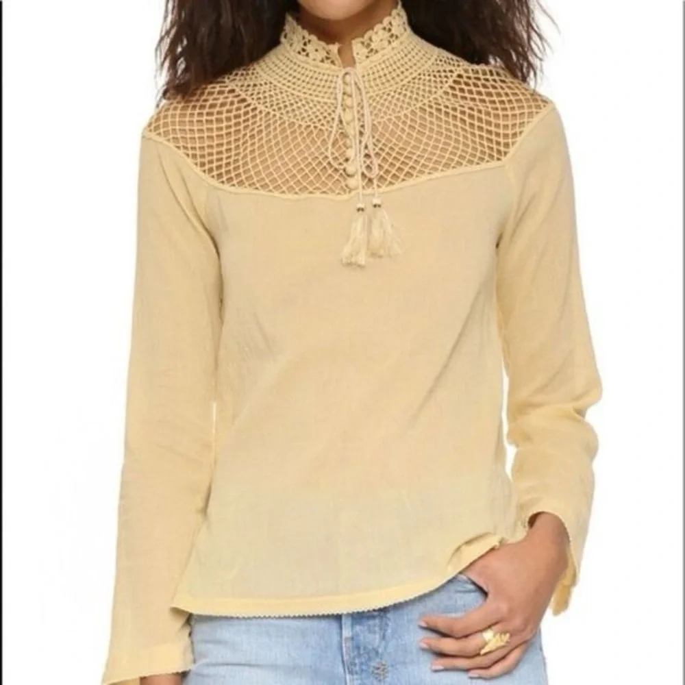 Free People On The Island Crochet Neckline Yoke Blouse Size Small